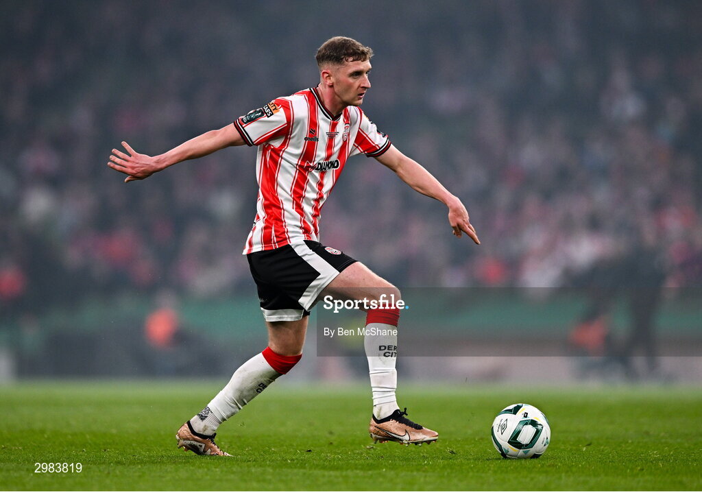 10 November 2024; Ronan Boyce of Derry City during the Sports Direct Men's FAI Cup Final match between Drogheda United and Derry City at the Aviva Stadium in Dublin. Photo by Ben McShane/Sportsfile