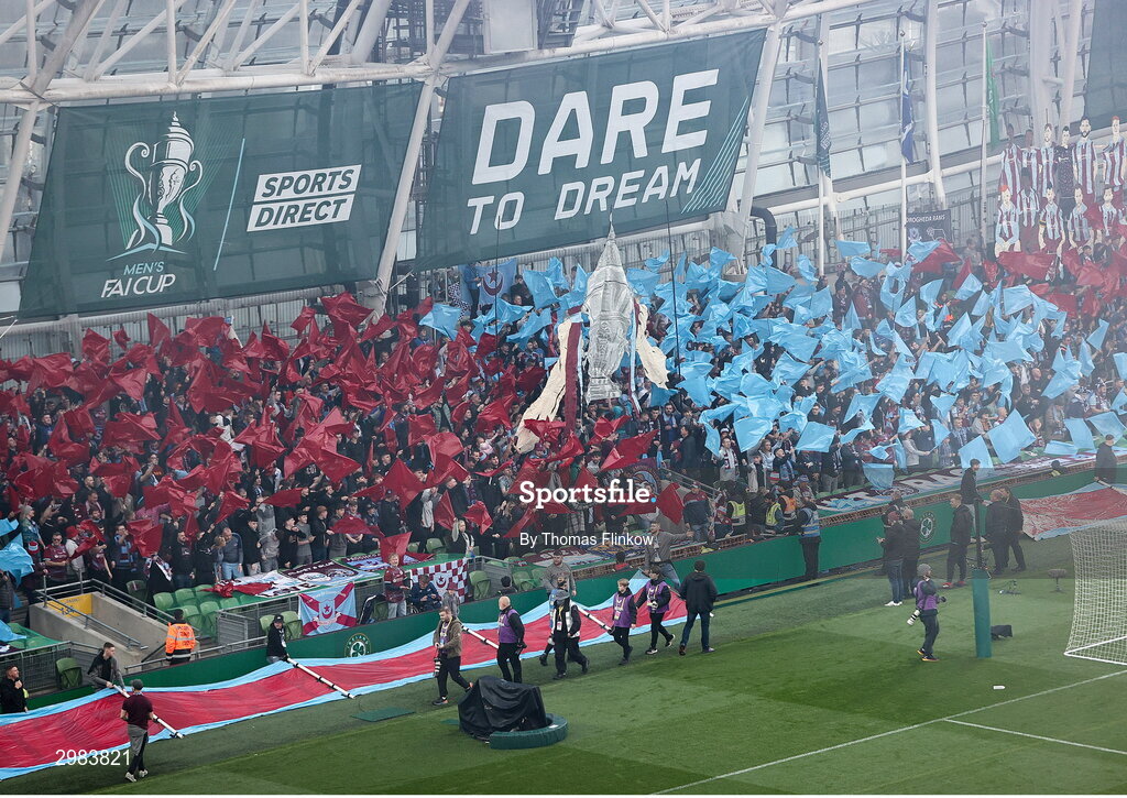 10 November 2024; Drogheda United supporters before the Sports Direct Men's FAI Cup Final match between Drogheda United and Derry City at the Aviva Stadium in Dublin. Photo by Thomas Flinkow/Sportsfile
