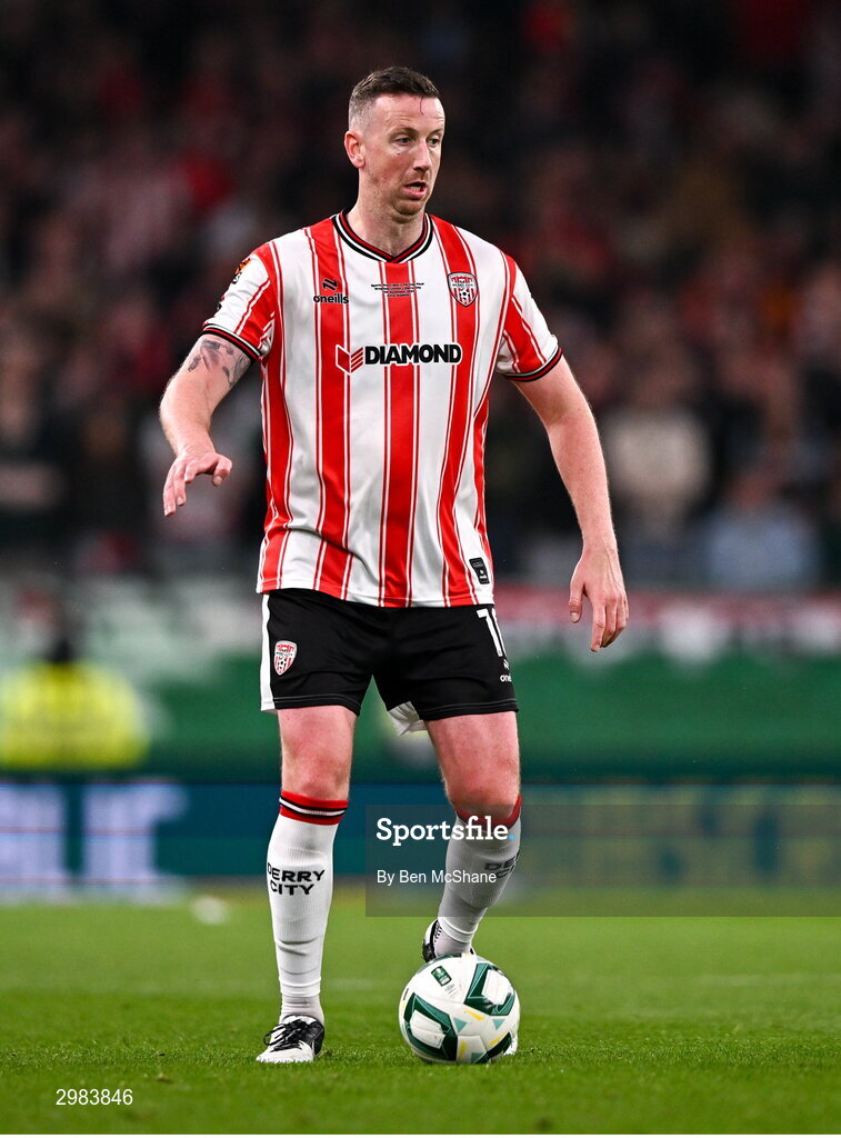 10 November 2024; Shane McEleney of Derry City during the Sports Direct Men's FAI Cup Final match between Drogheda United and Derry City at the Aviva Stadium in Dublin. Photo by Ben McShane/Sportsfile