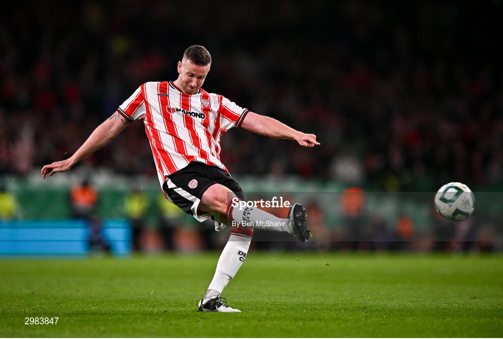 10 November 2024; Shane McEleney of Derry City during the Sports Direct Men's FAI Cup Final match between Drogheda United and Derry City at the Aviva Stadium in Dublin. Photo by Ben McShane/Sportsfile