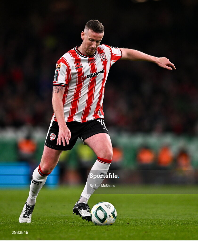 10 November 2024; Shane McEleney of Derry City during the Sports Direct Men's FAI Cup Final match between Drogheda United and Derry City at the Aviva Stadium in Dublin. Photo by Ben McShane/Sportsfile