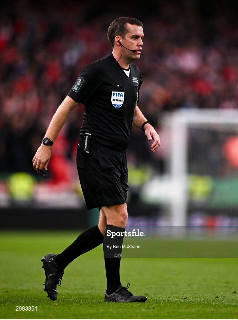 10 November 2024; Referee Rob Harvey during the Sports Direct Men's FAI Cup Final match between Drogheda United and Derry City at the Aviva Stadium in Dublin. Photo by Ben McShane/Sportsfile