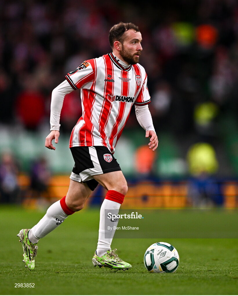 10 November 2024; Paul McMullan of Derry City during the Sports Direct Men's FAI Cup Final match between Drogheda United and Derry City at the Aviva Stadium in Dublin. Photo by Ben McShane/Sportsfile