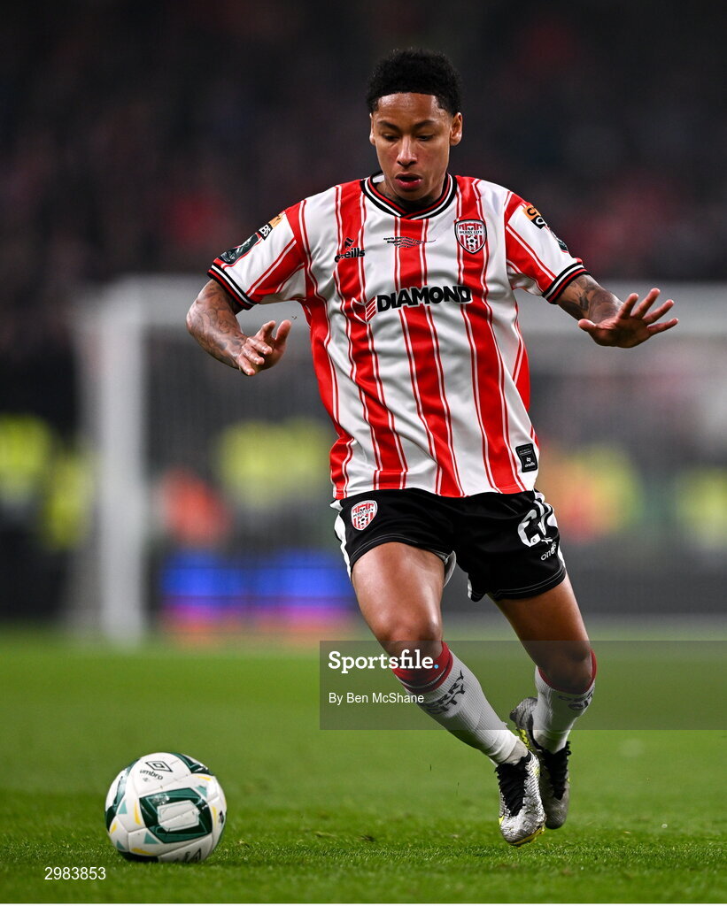 10 November 2024; Sean Robertson of Derry City during the Sports Direct Men's FAI Cup Final match between Drogheda United and Derry City at the Aviva Stadium in Dublin. Photo by Ben McShane/Sportsfile