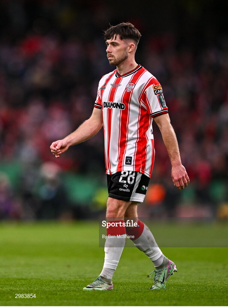 10 November 2024; Adam O'Reilly of Derry City during the Sports Direct Men's FAI Cup Final match between Drogheda United and Derry City at the Aviva Stadium in Dublin. Photo by Ben McShane/Sportsfile