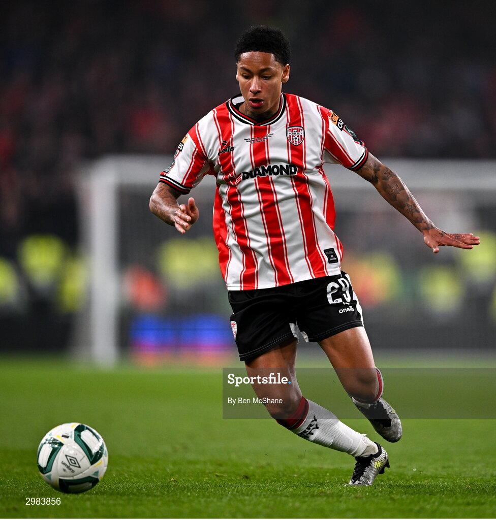 10 November 2024; Sean Robertson of Derry City during the Sports Direct Men's FAI Cup Final match between Drogheda United and Derry City at the Aviva Stadium in Dublin. Photo by Ben McShane/Sportsfile