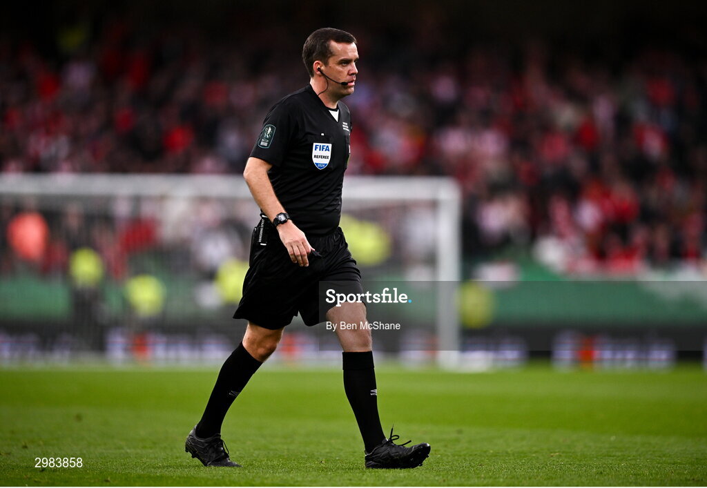 10 November 2024; Referee Rob Harvey during the Sports Direct Men's FAI Cup Final match between Drogheda United and Derry City at the Aviva Stadium in Dublin. Photo by Ben McShane/Sportsfile