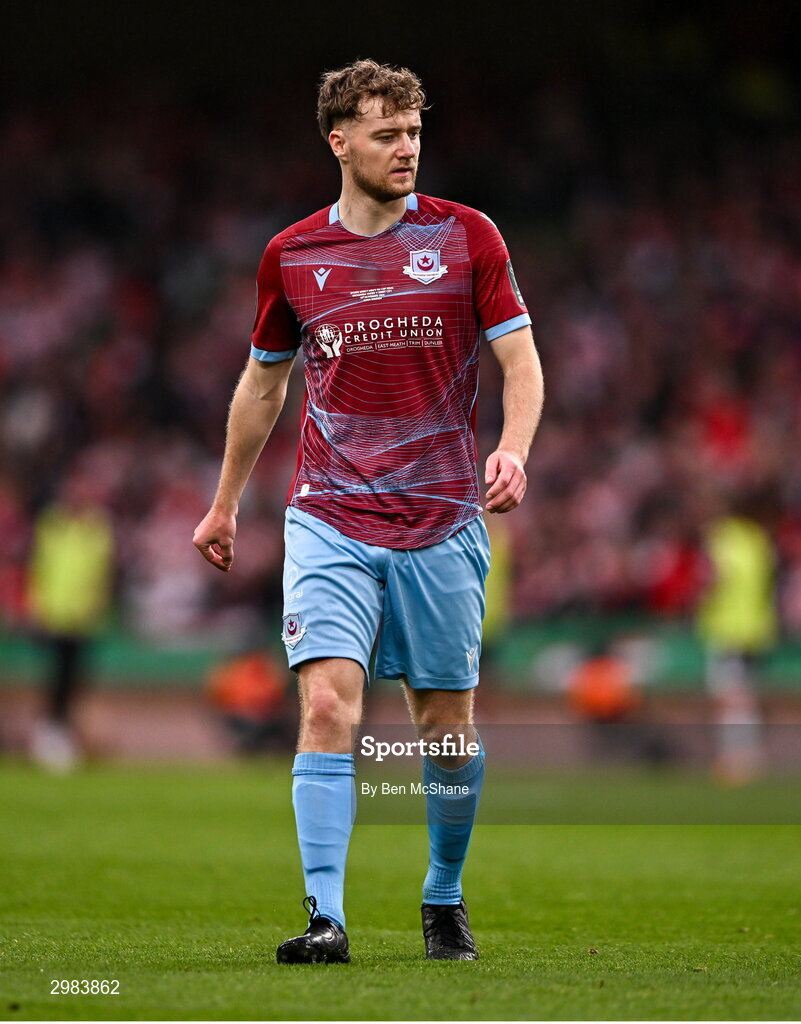 10 November 2024; Andrew Quinn of Drogheda United during the Sports Direct Men's FAI Cup Final match between Drogheda United and Derry City at the Aviva Stadium in Dublin. Photo by Ben McShane/Sportsfile