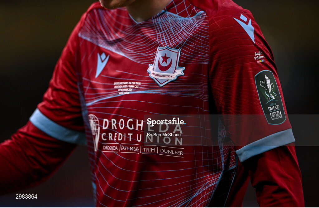10 November 2024; A general view of the Drogheda United jersey during the Sports Direct Men's FAI Cup Final match between Drogheda United and Derry City at the Aviva Stadium in Dublin. Photo by Ben McShane/Sportsfile