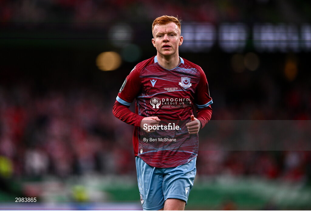 10 November 2024; Shane Farrell of Drogheda United during the Sports Direct Men's FAI Cup Final match between Drogheda United and Derry City at the Aviva Stadium in Dublin. Photo by Ben McShane/Sportsfile