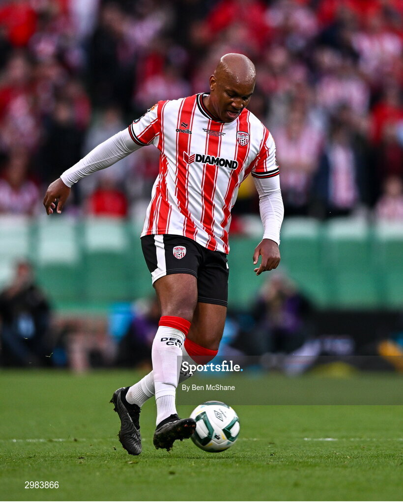 10 November 2024; Andre Wisdom of Derry City during the Sports Direct Men's FAI Cup Final match between Drogheda United and Derry City at the Aviva Stadium in Dublin. Photo by Ben McShane/Sportsfile