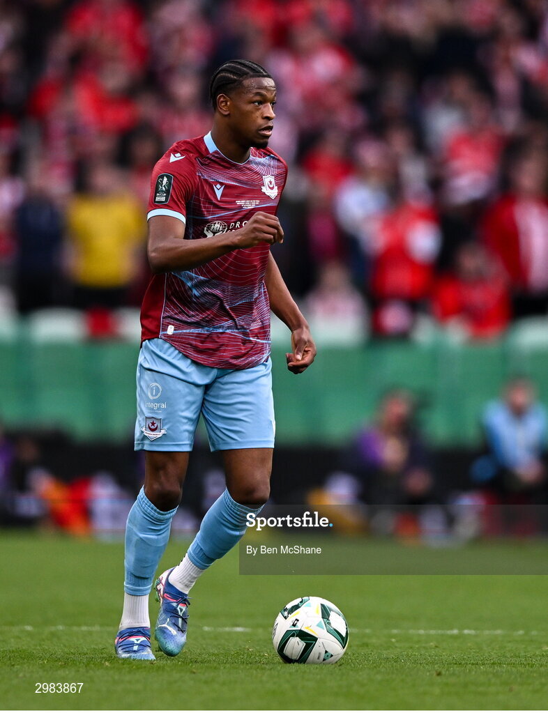 10 November 2024; Elicha Ahui of Drogheda United during the Sports Direct Men's FAI Cup Final match between Drogheda United and Derry City at the Aviva Stadium in Dublin. Photo by Ben McShane/Sportsfile
