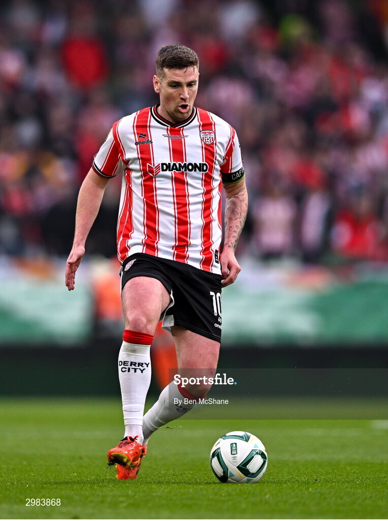 10 November 2024; Patrick McEleney of Derry City during the Sports Direct Men's FAI Cup Final match between Drogheda United and Derry City at the Aviva Stadium in Dublin. Photo by Ben McShane/Sportsfile