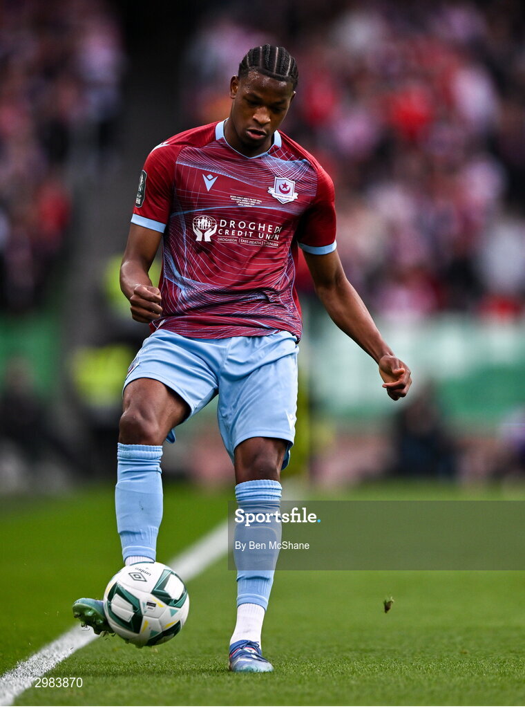 10 November 2024; Elicha Ahui of Drogheda United during the Sports Direct Men's FAI Cup Final match between Drogheda United and Derry City at the Aviva Stadium in Dublin. Photo by Ben McShane/Sportsfile