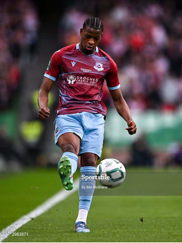 10 November 2024; Elicha Ahui of Drogheda United during the Sports Direct Men's FAI Cup Final match between Drogheda United and Derry City at the Aviva Stadium in Dublin. Photo by Ben McShane/Sportsfile