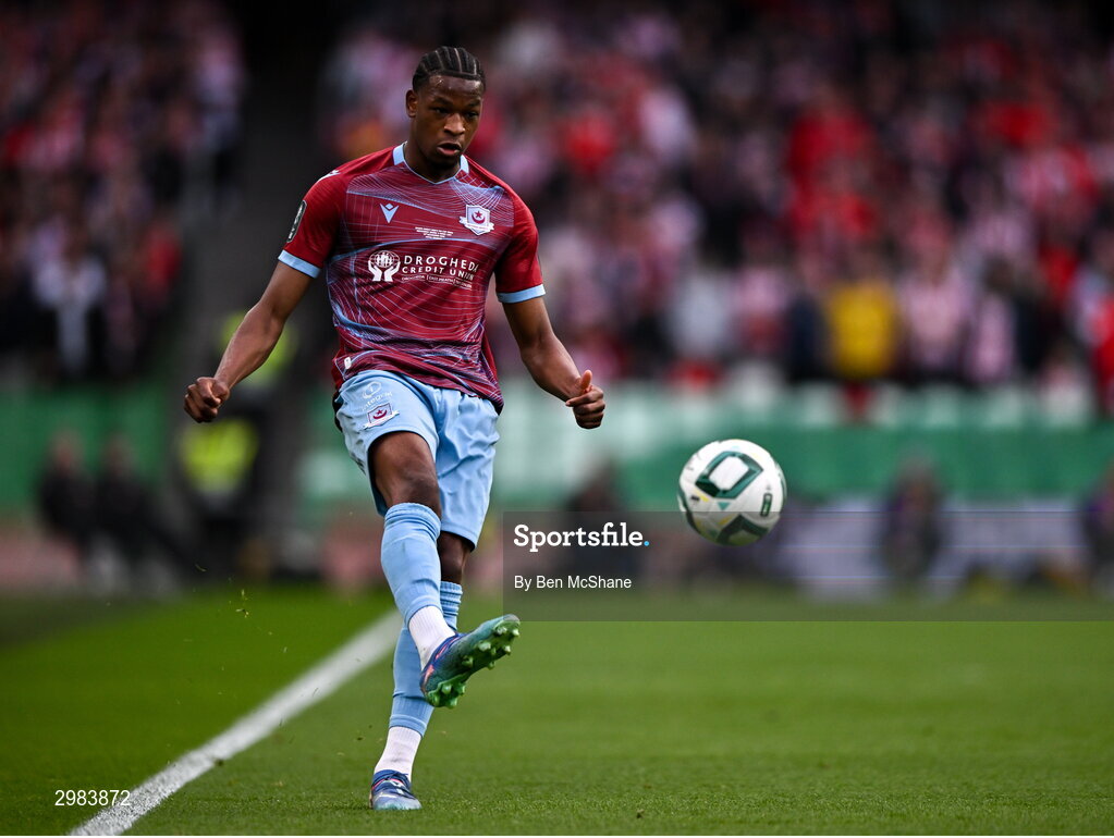 10 November 2024; Elicha Ahui of Drogheda United during the Sports Direct Men's FAI Cup Final match between Drogheda United and Derry City at the Aviva Stadium in Dublin. Photo by Ben McShane/Sportsfile