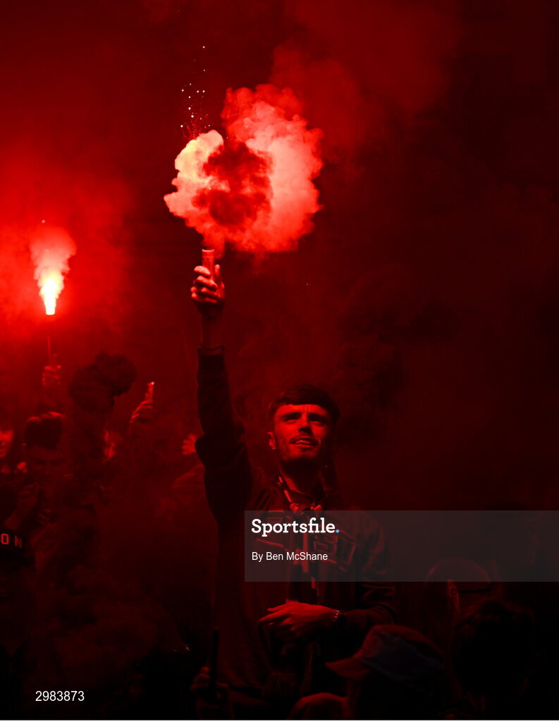 10 November 2024; Drogheda United supporters before the Sports Direct Men's FAI Cup Final match between Drogheda United and Derry City at the Aviva Stadium in Dublin. Photo by Ben McShane/Sportsfile