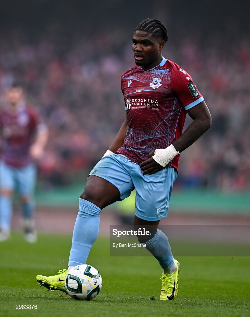 10 November 2024; Frantz Pierrot of Drogheda United during the Sports Direct Men's FAI Cup Final match between Drogheda United and Derry City at the Aviva Stadium in Dublin. Photo by Ben McShane/Sportsfile