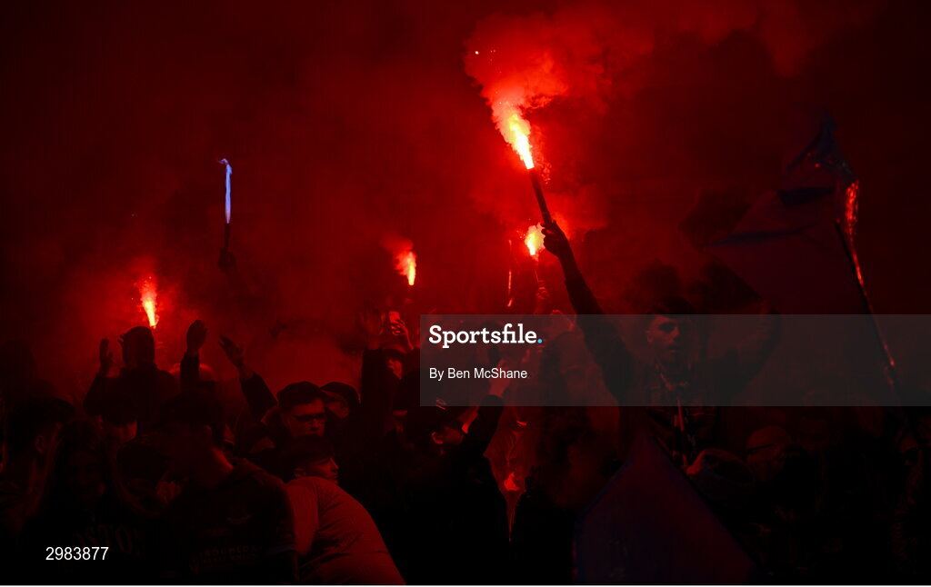 10 November 2024; Drogheda United supporters before the Sports Direct Men's FAI Cup Final match between Drogheda United and Derry City at the Aviva Stadium in Dublin. Photo by Ben McShane/Sportsfile