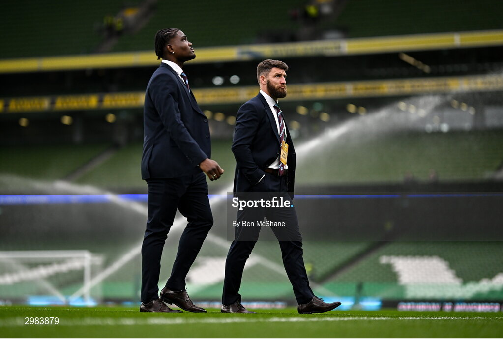 10 November 2024; Drogheda United players Frantz Pierrot, left, and Frantz Pierrot before the Sports Direct Men's FAI Cup Final match between Drogheda United and Derry City at the Aviva Stadium in Dublin. Photo by Ben McShane/Sportsfile