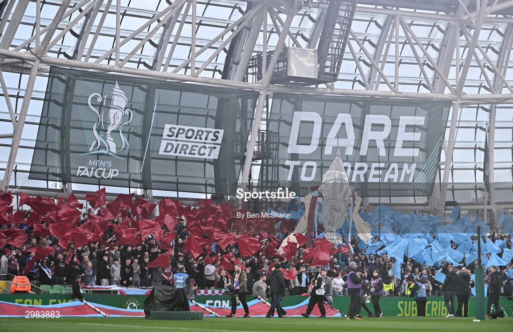 10 November 2024; Drogheda United supporters before the Sports Direct Men's FAI Cup Final match between Drogheda United and Derry City at the Aviva Stadium in Dublin. Photo by Ben McShane/Sportsfile