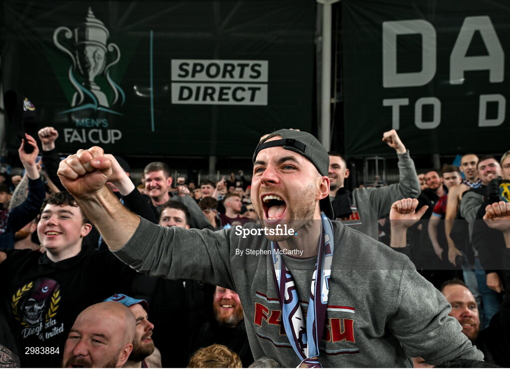 10 November 2024; Drogheda United supporters celebrate after the Sports Direct Men's FAI Cup Final match between Drogheda United and Derry City at the Aviva Stadium in Dublin. Photo by Stephen McCarthy/Sportsfile