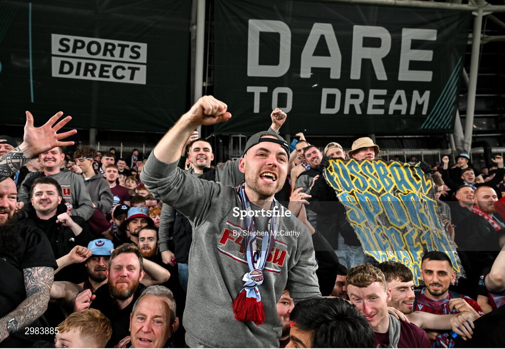 10 November 2024; Drogheda United supporters celebrate after the Sports Direct Men's FAI Cup Final match between Drogheda United and Derry City at the Aviva Stadium in Dublin. Photo by Stephen McCarthy/Sportsfile
