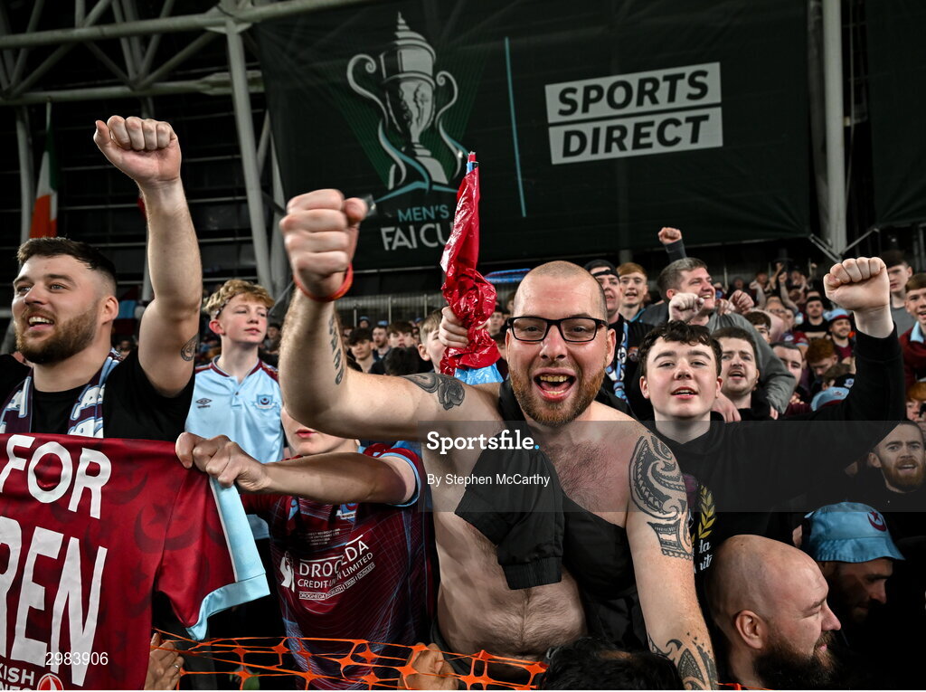 10 November 2024; Drogheda United supporters celebrate after the Sports Direct Men's FAI Cup Final match between Drogheda United and Derry City at the Aviva Stadium in Dublin. Photo by Stephen McCarthy/Sportsfile