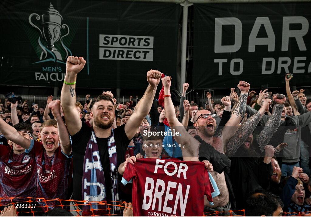 10 November 2024; Drogheda United supporters celebrate after the Sports Direct Men's FAI Cup Final match between Drogheda United and Derry City at the Aviva Stadium in Dublin. Photo by Stephen McCarthy/Sportsfile