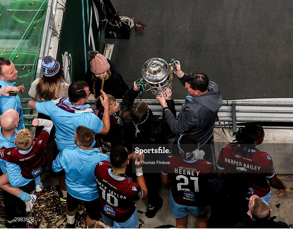 10 November 2024; Drogheda United manager Kevin Doherty celebrates with the FAI cup after the Sports Direct Men's FAI Cup Final match between Drogheda United and Derry City at the Aviva Stadium in Dublin. Photo by Thomas Flinkow/Sportsfile