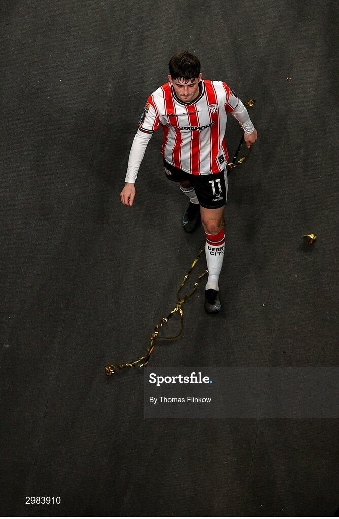 10 November 2024; Colm Whelan of Derry City leaves the pitch after the Sports Direct Men's FAI Cup Final match between Drogheda United and Derry City at the Aviva Stadium in Dublin. Photo by Thomas Flinkow/Sportsfile