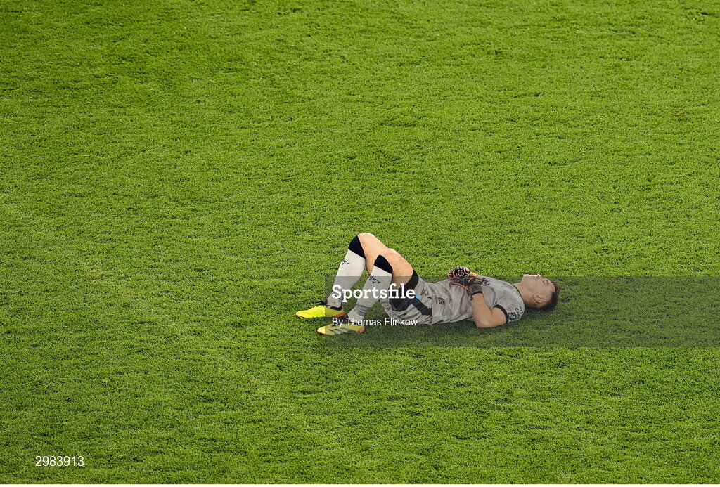 10 November 2024; A dejected Derry City goalkeeper Brian Maher at the final whistle of the Sports Direct Men's FAI Cup Final match between Drogheda United and Derry City at the Aviva Stadium in Dublin. Photo by Thomas Flinkow/Sportsfile