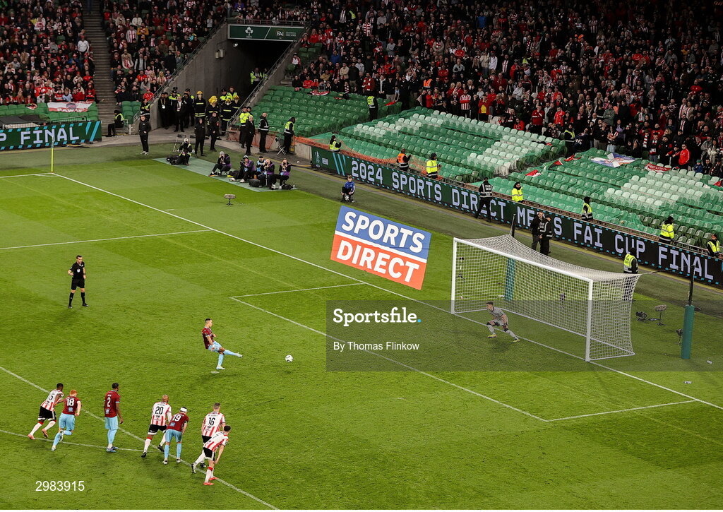 10 November 2024; Douglas James-Taylor of Drogheda United scores his side's second goal from a penalty during the Sports Direct Men's FAI Cup Final match between Drogheda United and Derry City at the Aviva Stadium in Dublin. Photo by Thomas Flinkow/Sportsfile