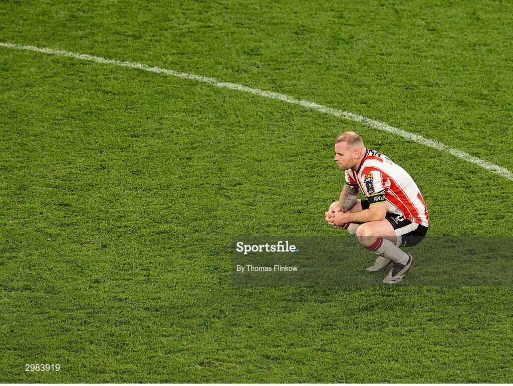 10 November 2024; A dejected Mark Connolly of Derry City after the Sports Direct Men's FAI Cup Final match between Drogheda United and Derry City at the Aviva Stadium in Dublin. Photo by Thomas Flinkow/Sportsfile