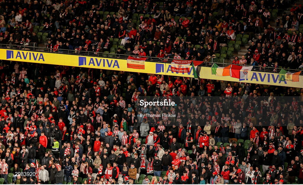 10 November 2024; Derry City supporters during the Sports Direct Men's FAI Cup Final match between Drogheda United and Derry City at the Aviva Stadium in Dublin. Photo by Thomas Flinkow/Sportsfile