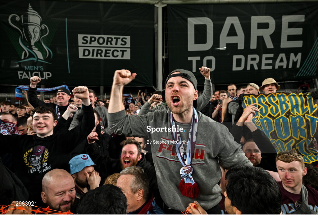 10 November 2024; Drogheda United supporters celebrate after the Sports Direct Men's FAI Cup Final match between Drogheda United and Derry City at the Aviva Stadium in Dublin. Photo by Stephen McCarthy/Sportsfile