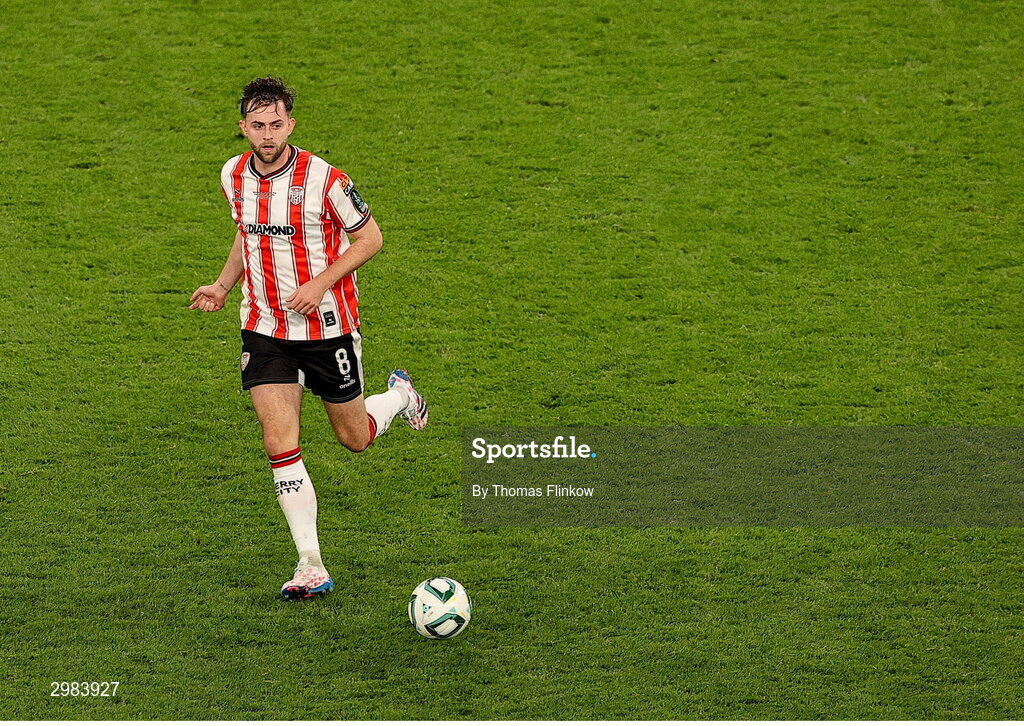 10 November 2024; William Patching of Derry City during the Sports Direct Men's FAI Cup Final match between Drogheda United and Derry City at the Aviva Stadium in Dublin. Photo by Thomas Flinkow/Sportsfile