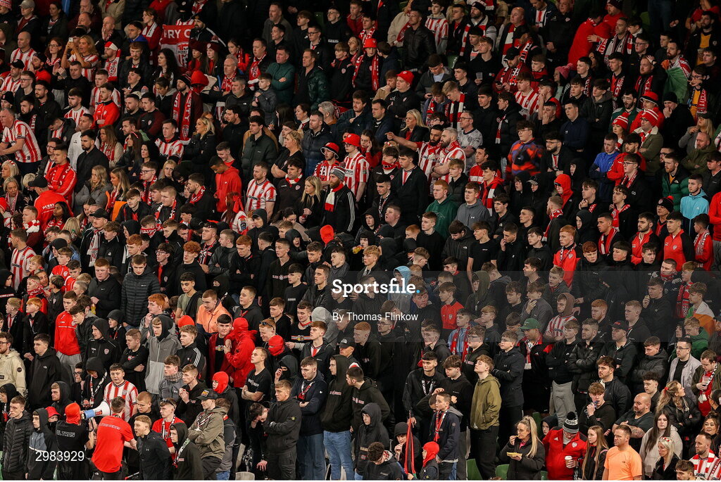 10 November 2024; Derry City supporters during the Sports Direct Men's FAI Cup Final match between Drogheda United and Derry City at the Aviva Stadium in Dublin. Photo by Thomas Flinkow/Sportsfile