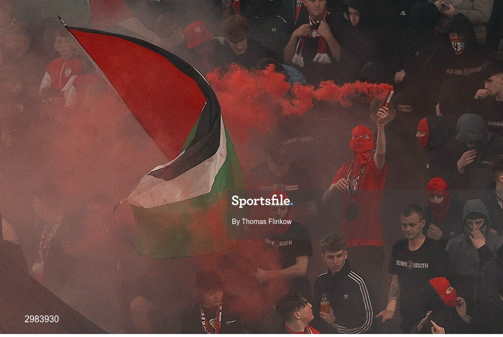 10 November 2024; Derry City supporters during the Sports Direct Men's FAI Cup Final match between Drogheda United and Derry City at the Aviva Stadium in Dublin. Photo by Thomas Flinkow/Sportsfile