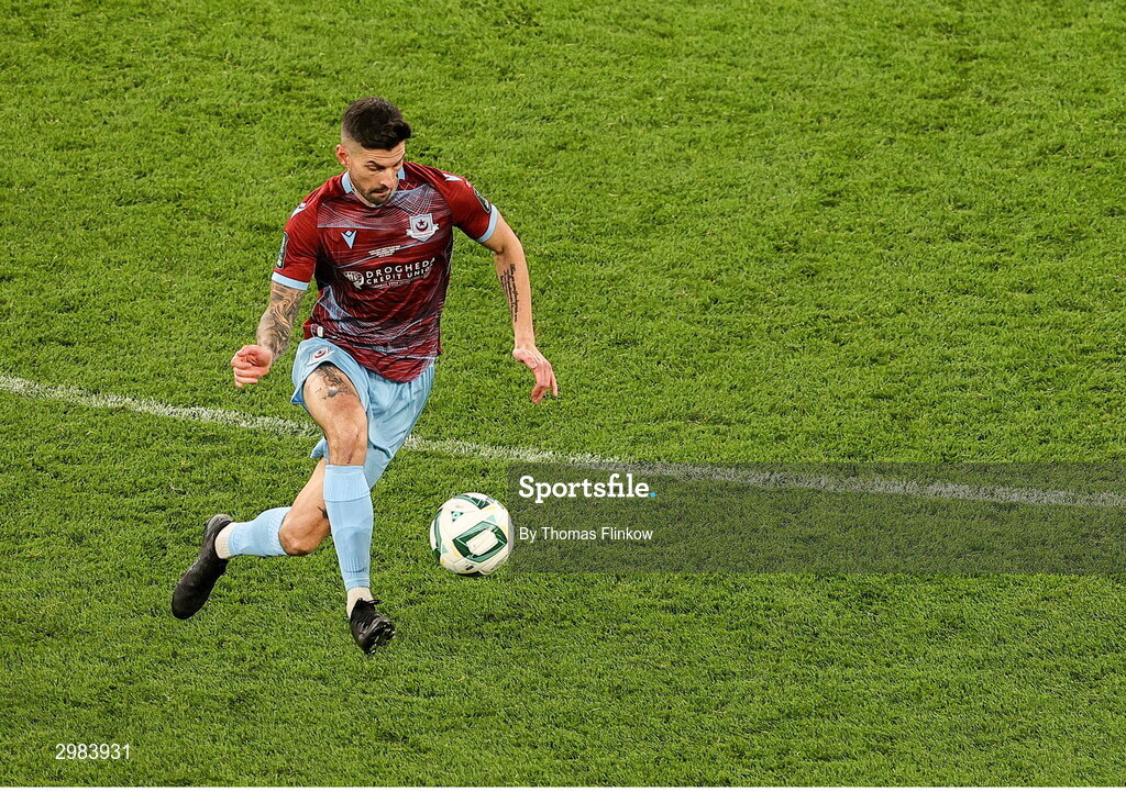 10 November 2024; Adam Foley of Drogheda United during the Sports Direct Men's FAI Cup Final match between Drogheda United and Derry City at the Aviva Stadium in Dublin. Photo by Thomas Flinkow/Sportsfile