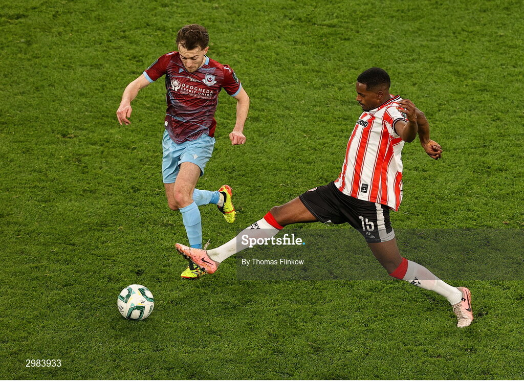 10 November 2024; Sadou Diallo of Derry City in action against Darragh Markey of Drogheda United during the Sports Direct Men's FAI Cup Final match between Drogheda United and Derry City at the Aviva Stadium in Dublin. Photo by Thomas Flinkow/Sportsfile