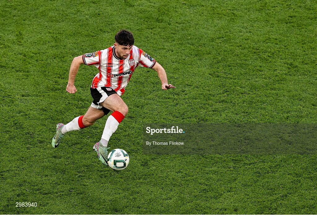 10 November 2024; Adam O'Reilly of Derry Cityduring the Sports Direct Men's FAI Cup Final match between Drogheda United and Derry City at the Aviva Stadium in Dublin. Photo by Thomas Flinkow/Sportsfile