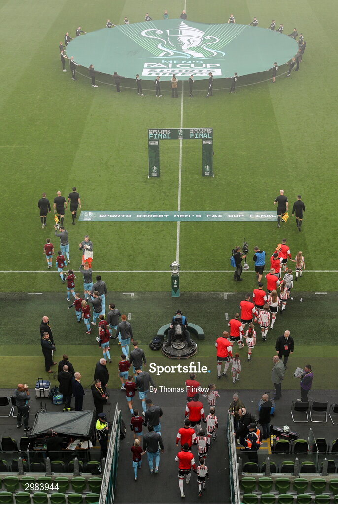 10 November 2024; The teams enter the pitch before the Sports Direct Men's FAI Cup Final match between Drogheda United and Derry City at the Aviva Stadium in Dublin. Photo by Thomas Flinkow/Sportsfile