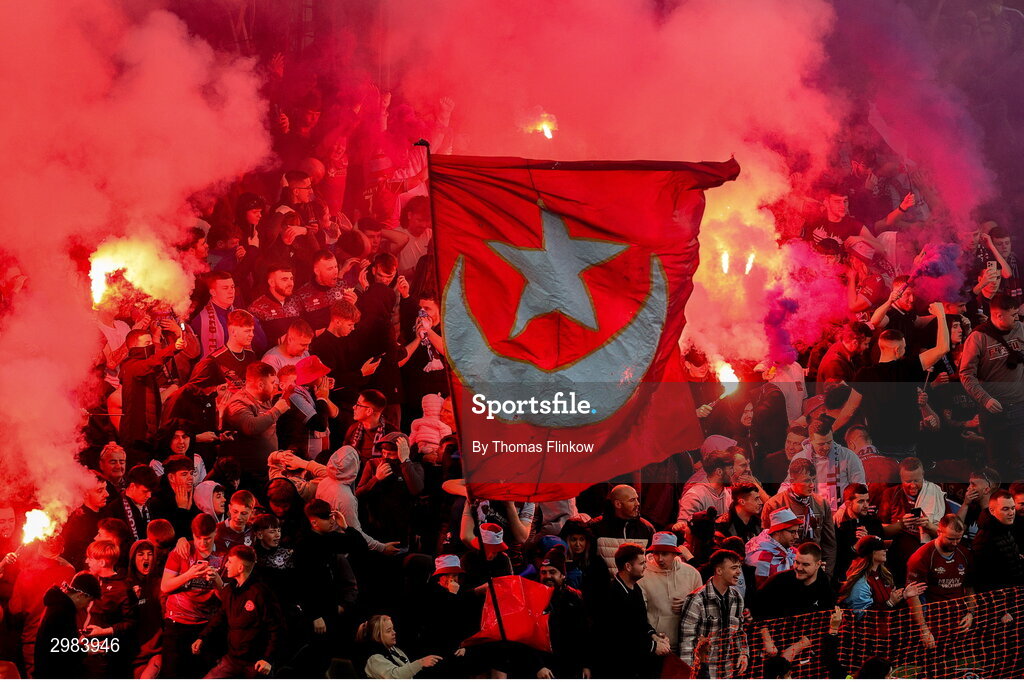 10 November 2024; Drogheda United supporters celebrate during the Sports Direct Men's FAI Cup Final match between Drogheda United and Derry City at the Aviva Stadium in Dublin. Photo by Thomas Flinkow/Sportsfile