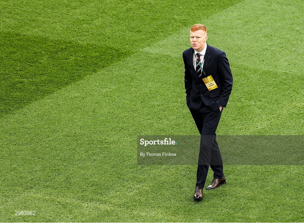 10 November 2024; Shane Farrell of Drogheda United walks the pitch before the Sports Direct Men's FAI Cup Final match between Drogheda United and Derry City at the Aviva Stadium in Dublin. Photo by Thomas Flinkow/Sportsfile