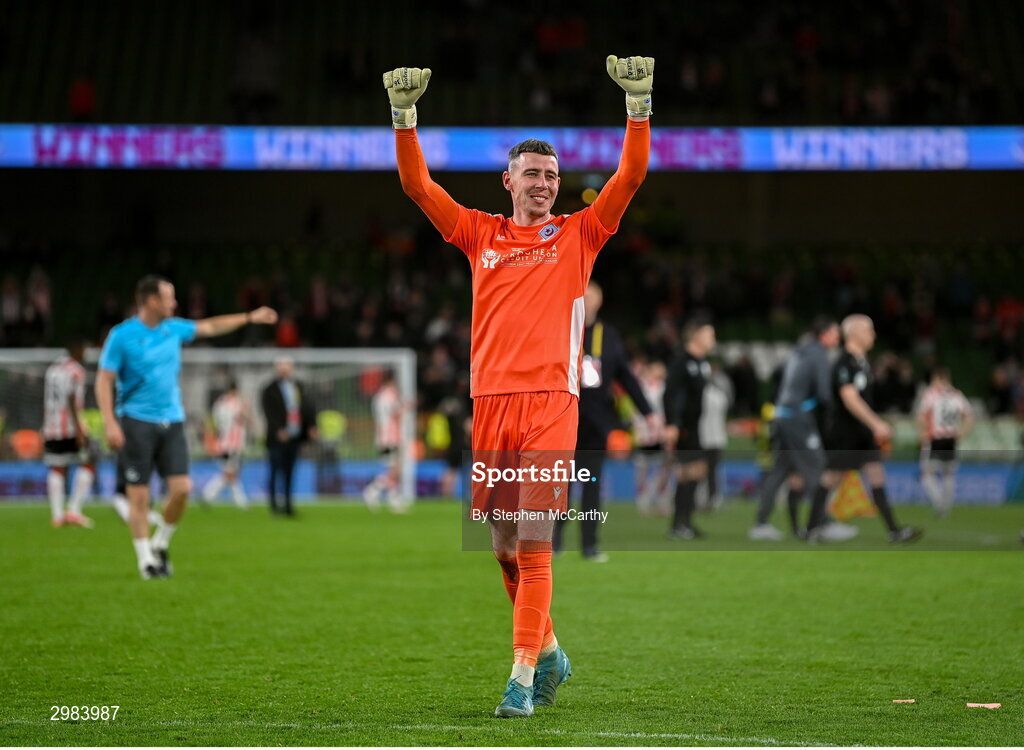 10 November 2024; Drogheda United goalkeeper Luke Dennison celebrates after the Sports Direct Men's FAI Cup Final match between Drogheda United and Derry City at the Aviva Stadium in Dublin. Photo by Stephen McCarthy/Sportsfile