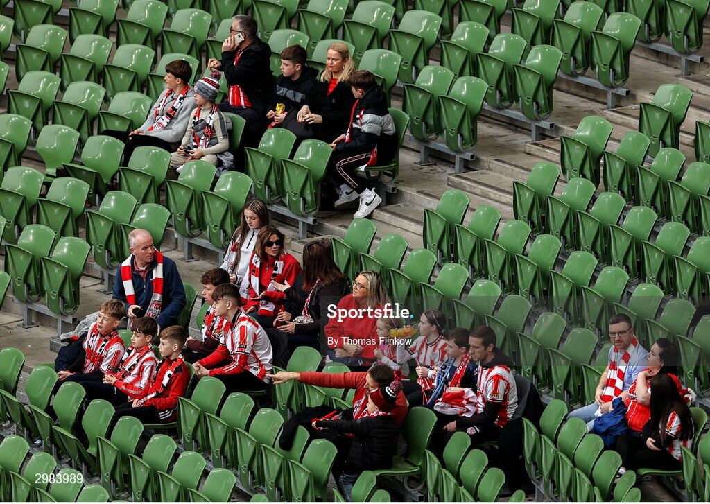 10 November 2024; Derry City supporters before the Sports Direct Men's FAI Cup Final match between Drogheda United and Derry City at the Aviva Stadium in Dublin. Photo by Thomas Flinkow/Sportsfile