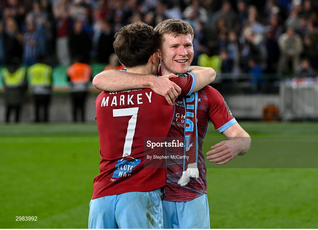 10 November 2024; Conor Kane, right, and Darragh Markey of Drogheda United celebrate after the Sports Direct Men's FAI Cup Final match between Drogheda United and Derry City at the Aviva Stadium in Dublin. Photo by Stephen McCarthy/Sportsfile