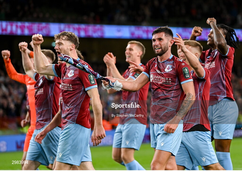10 November 2024; Luke Heeney and his Drogheda United  team-mates celebrate after the Sports Direct Men's FAI Cup Final match between Drogheda United and Derry City at the Aviva Stadium in Dublin. Photo by Stephen McCarthy/Sportsfile