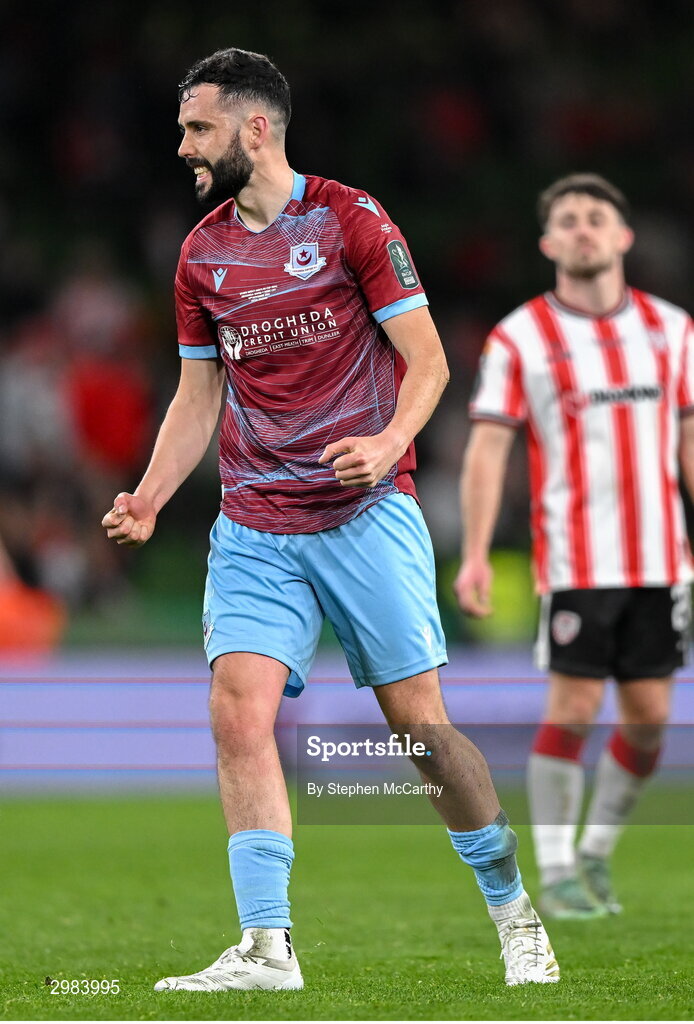 10 November 2024; Dave Webster of Drogheda United celebrates during the closing moments of the Sports Direct Men's FAI Cup Final match between Drogheda United and Derry City at the Aviva Stadium in Dublin. Photo by Stephen McCarthy/Sportsfile